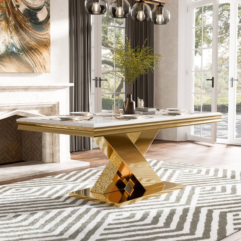 Furniture of America Thaddeus Modern X-Shaped 79-inch Dining Table with Stone Top - Gold / White