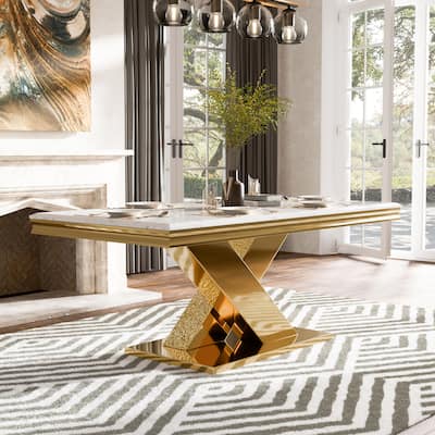 Furniture of America Thaddeus Modern X-Shaped 79-inch Dining Table with Stone Top