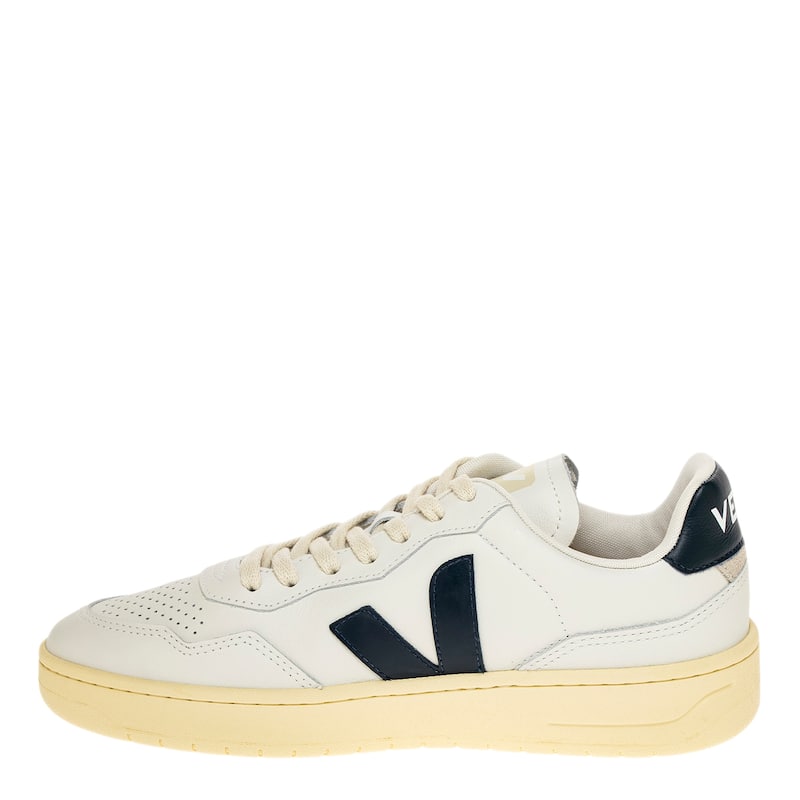 Veja Men's V-90 Leather Sneakers in White with Blue