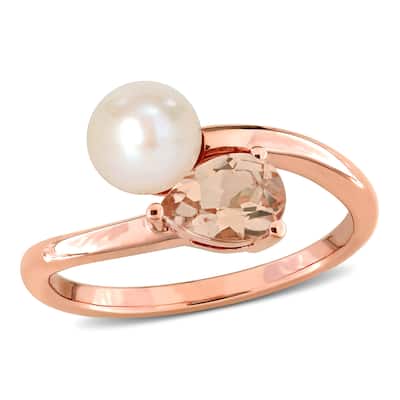 Miadora 6-6.5mm Cultured Freshwater Pearl and 3/4ct TGW Pear-Cut Morganite 2-Stone Ring in 10k Rose Gold