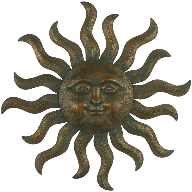 Metal Sun Home Wall Decor with Smiling Face and Curved Rays - Copper or Bronze - Roche River Decor