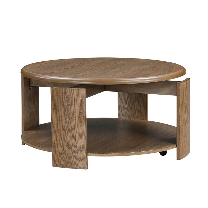 Brown Finish Cocktail Table with Swivel Top Open Shelf Caster Movement Living Room Furniture 1pc Round Coffee Table