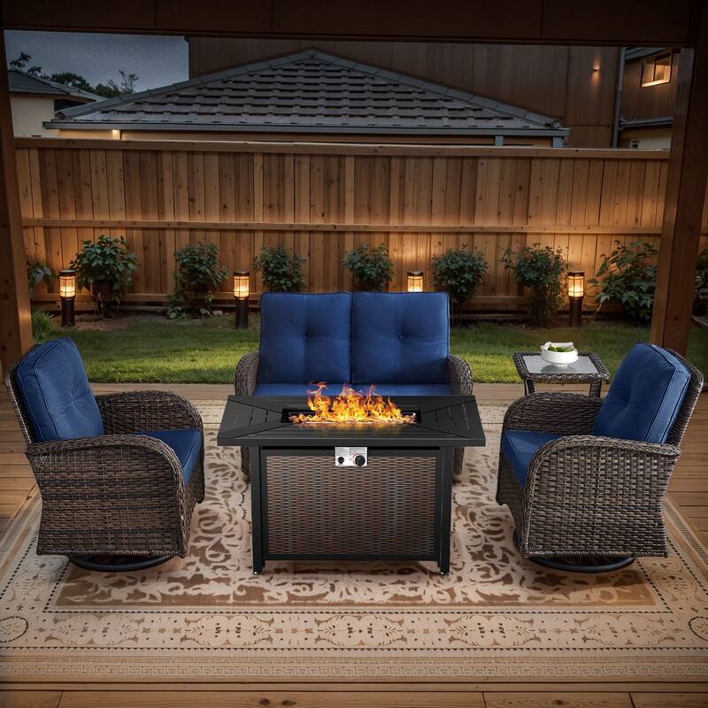 Gymojoy Outdoor Fire Pit Conversation Set, Loveseat Glider Sofa & Chairs - Patio Furniture Set - 5-Piece included Swivel Chairs - Blue