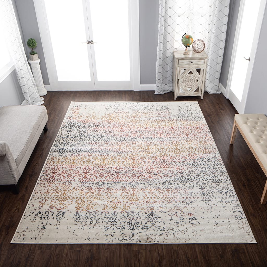 Superior Modern Distressed Damask Polypropylene Indoor Area Rug