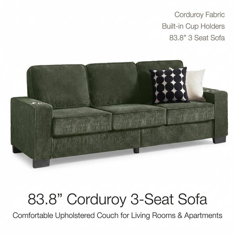 83.8'' Corduroy 3-Seat Sofa with Cup Holders, Modern Upholstered Couch, Compressed Living Room Sofa for Apartment Home Office