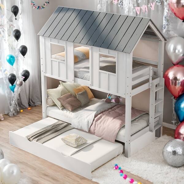 slide 2 of 13, House Bunk Bed with Trundle,Roof and Windows,With Full-Length Guardrails,Ladder And Sturdy Pine Frame,White White