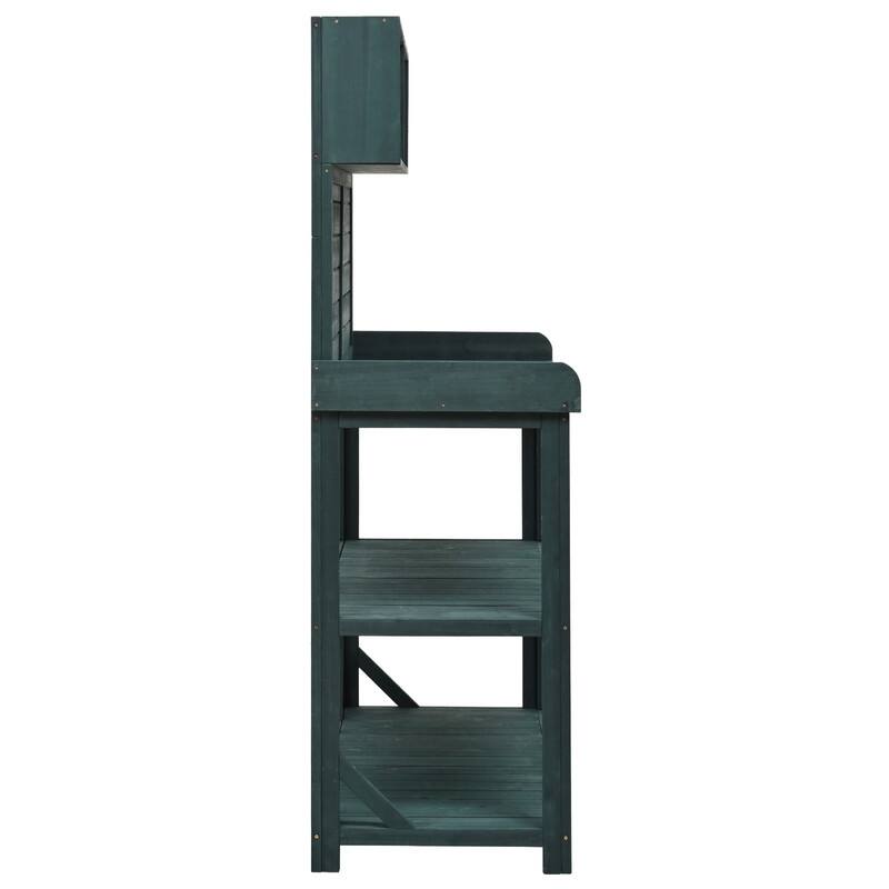 65" Large Wooden Farmhouse Rustic Outdoor Potting Bench Table, Patio Workstation with 4 Storage Shelves and Side Hook