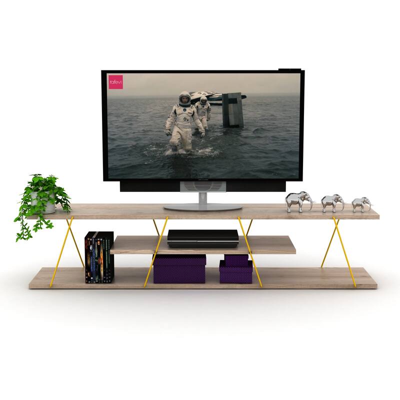 FurnisHome Store Tars Mid Century Modern Tv Stand 4 Shelves Open Storage Metal Cords