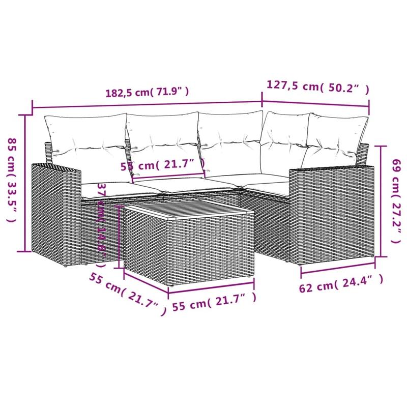 vidaXL Patio Sofa Set with Cushions Outdoor Furniture 5 Piece Poly Rattan - 25.8 x 24.4 x 27.2