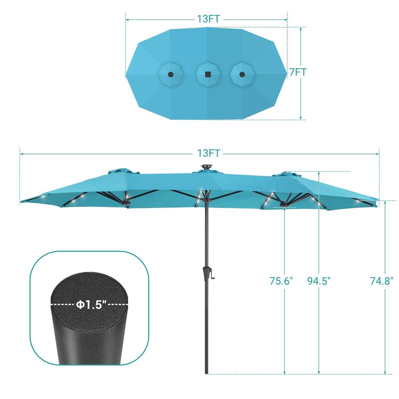 BONOSUKI 13 x 7.2ft Solar-Powered LED Double-Sided Patio Umbrella with Large Canopy Outdoor Table Umbrella for Garden, Navy Blue