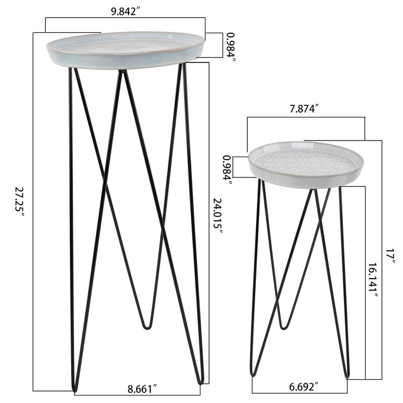 10" & 8" Mayan Ceramic On Metal Plant Stand,Set Of 2
