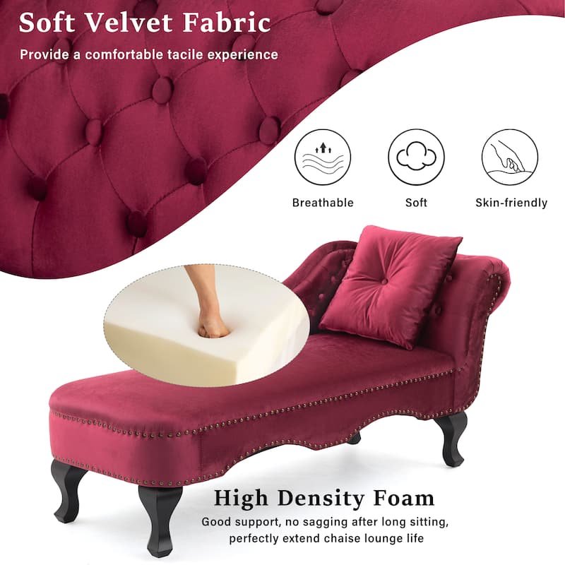 Christopher Knight Home - Bressi Modern Velvet Upholstered Chaise Lounge with Tufted Backrest, Nailhead Trim & Pillow