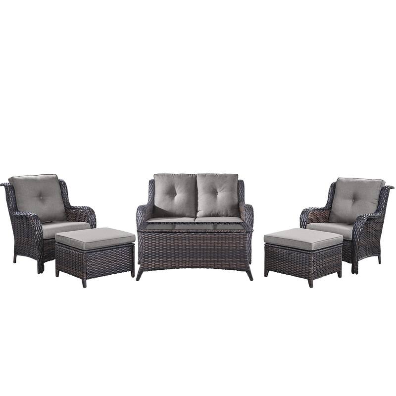 Pocassy 6 Pieces Outdoor 2-Seat Sofa Chairs Table Ottoman
