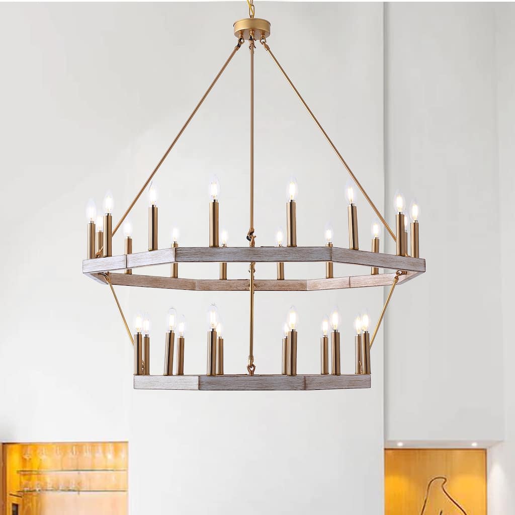 Brushed Gold 28-Light Candle Style 2-Tier Wagon Wheel Chandelier
