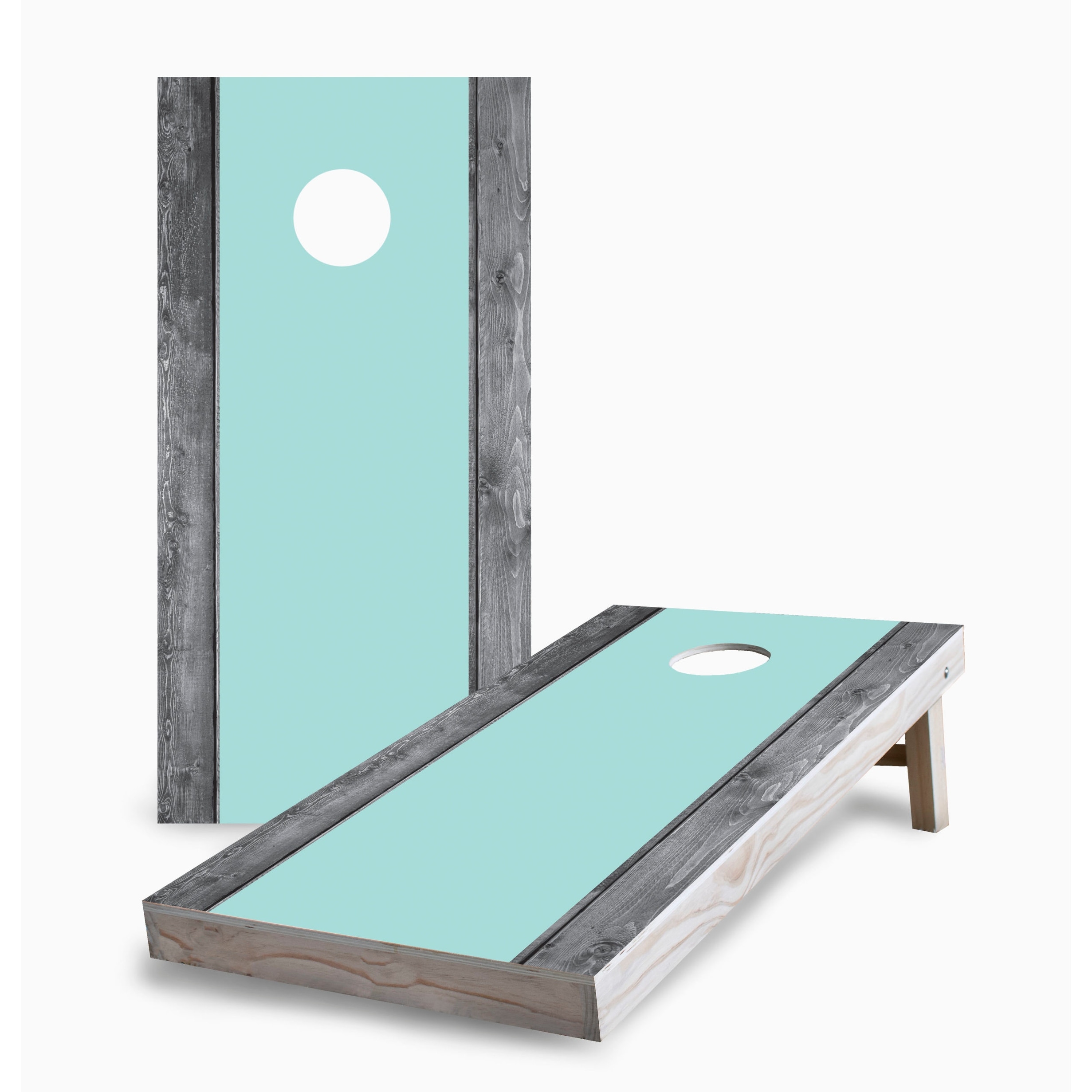 Mint Stripe on Gray Wood Corn Hole Board Set with Hole Lights