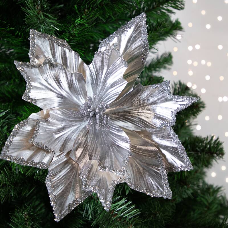 24" Metallic Silver Poinsettia Floral Christmas Pick - 24