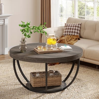 31.7" Round Coffee Table, Modern 2-Tier Center Table Sofa Side Table