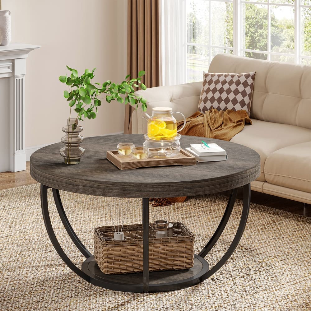 31.7" Round Coffee Table, Modern 2-Tier Center Table Sofa Side Table