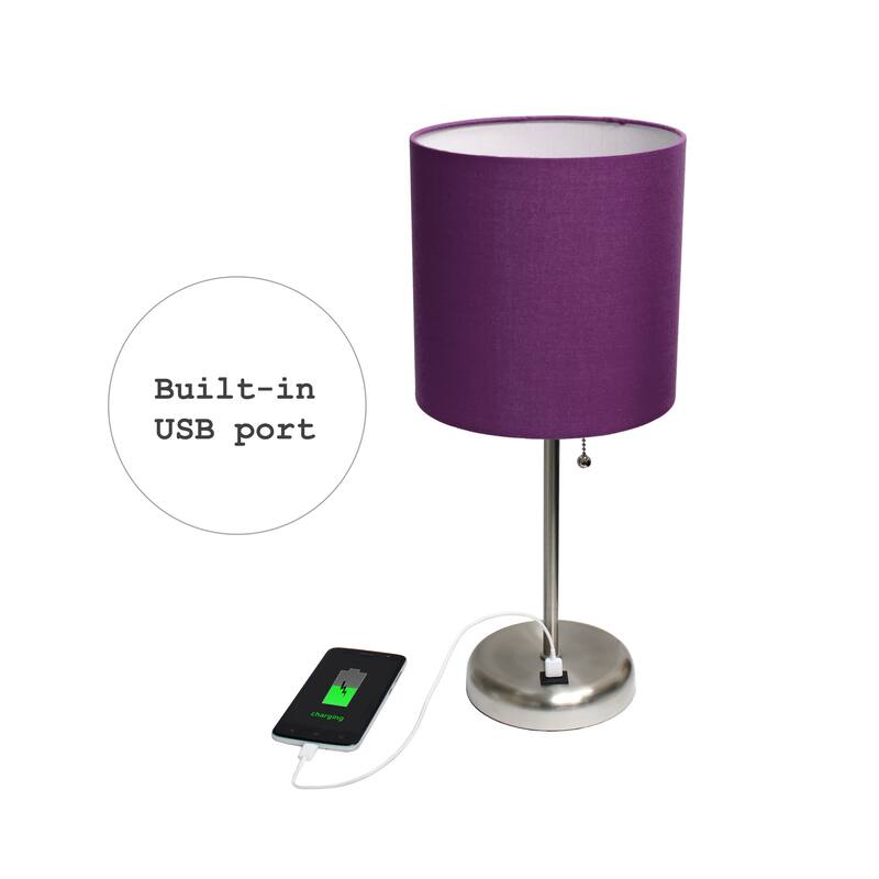 19.5 in. Brushed Steel Finish Table Lamp with Purple Shade, Durable Stick Lamp for End/Side Tables, Set of 2