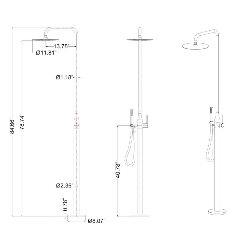 85"H Freestanding Rainfall Outdoor Shower, Stainless Steel Single Handle Shower Head Kit, Shower Fixture Combo Set