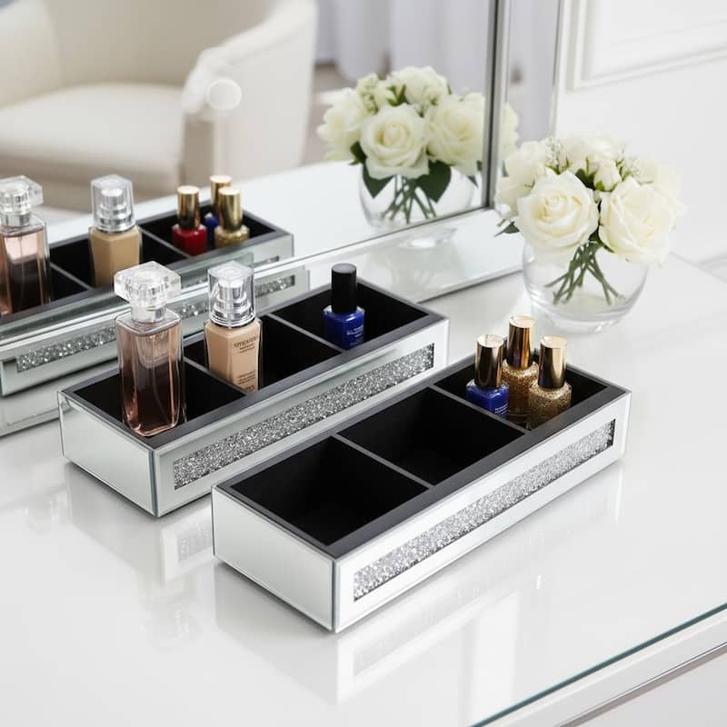 Set Of Two Silver Mirrored Glass Three Section Jewelry Organizers With Faux Crystals - Silver
