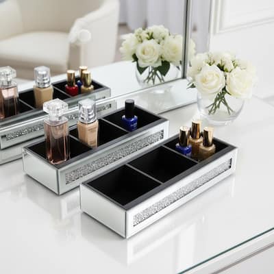 Set Of Two Silver Mirrored Glass Three Section Jewelry Organizers With Faux Crystals