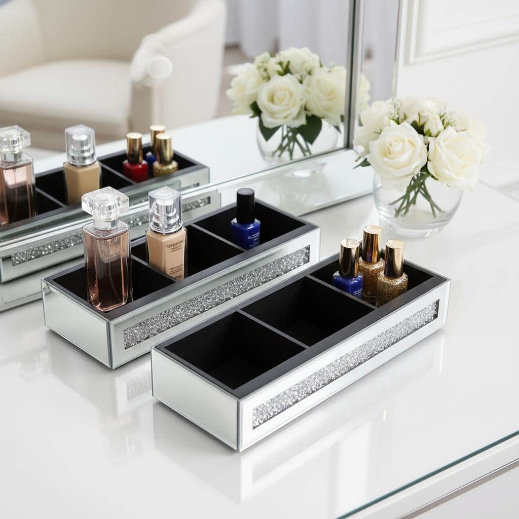 Set Of Two Silver Mirrored Glass Three Section Jewelry Organizers With Faux Crystals