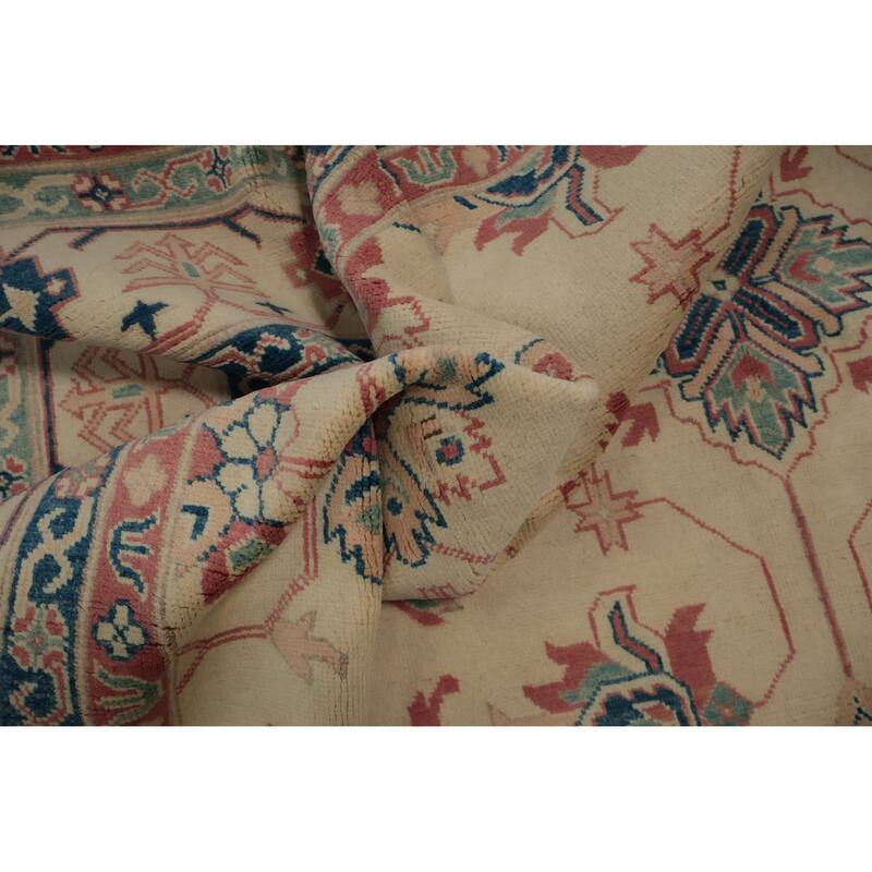Hand Knotted Oriental 100% Wool Carpet Traditional Geometric Beige & Ivories Kazak Area Rug - 9' 10'' X 8' 2''