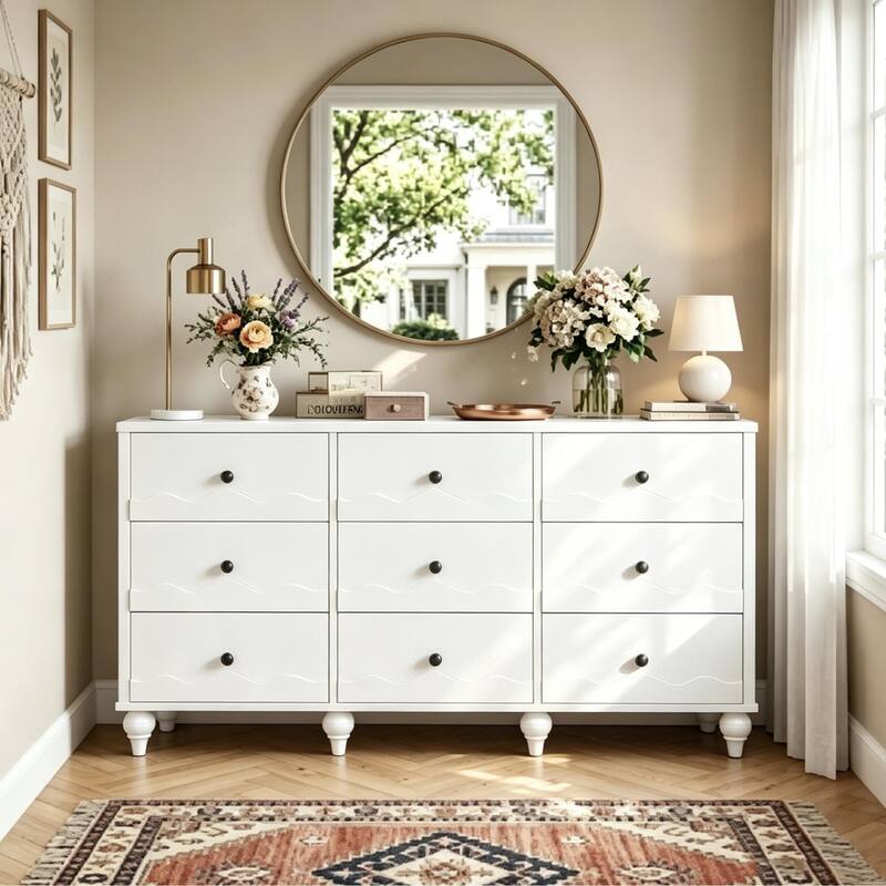 Narill Wave-Inspired 9-Drawer Dresser Closet Organizer, 63-In Chest of Drawers TV Stand