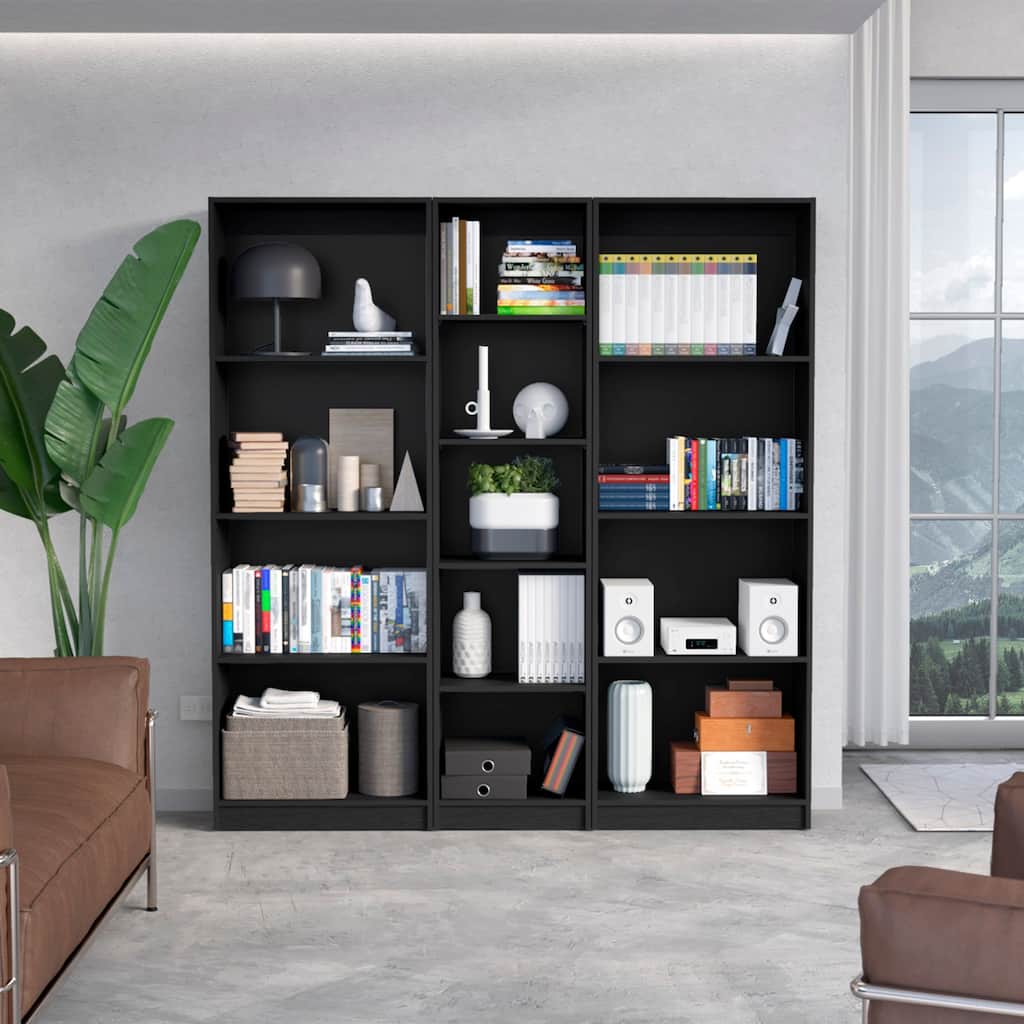 FM FURNITURE Clay 3 Piece Living Room Set with 2 Sutton Bookcase + Sutton Slim Bookcase, Black