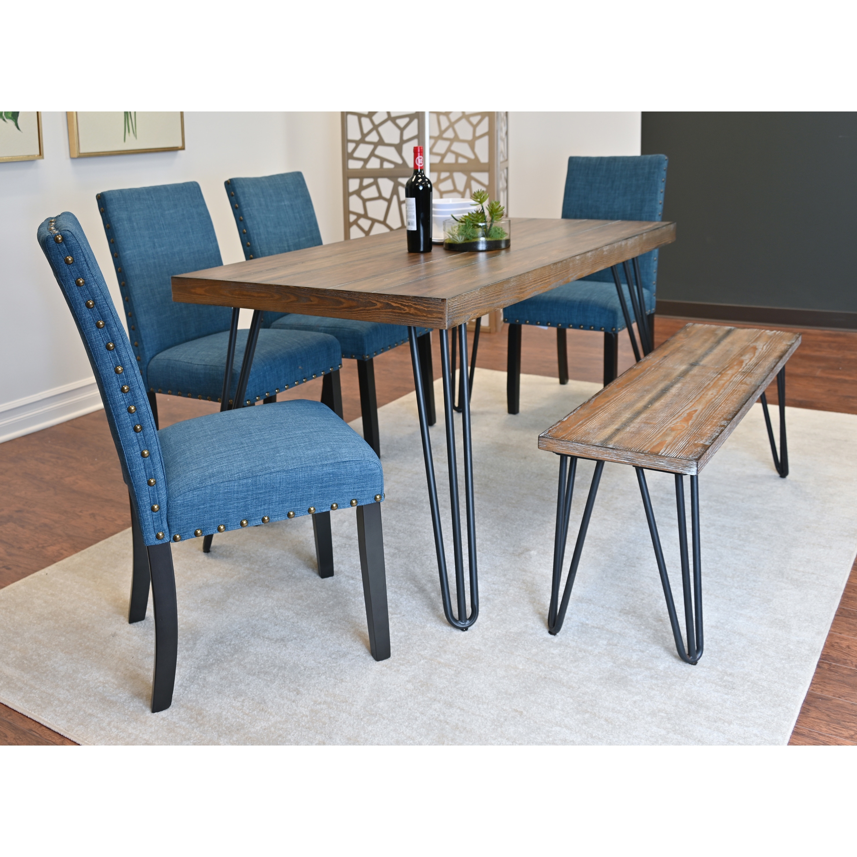 6-Piece Dining Table Set with Upholstered Dining Chairs and Bench