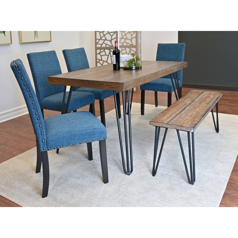 Roundhill Furniture Amisos 6-Piece Dining Set, Hairpin Dining Table with 4 Chairs and a Wood Bench