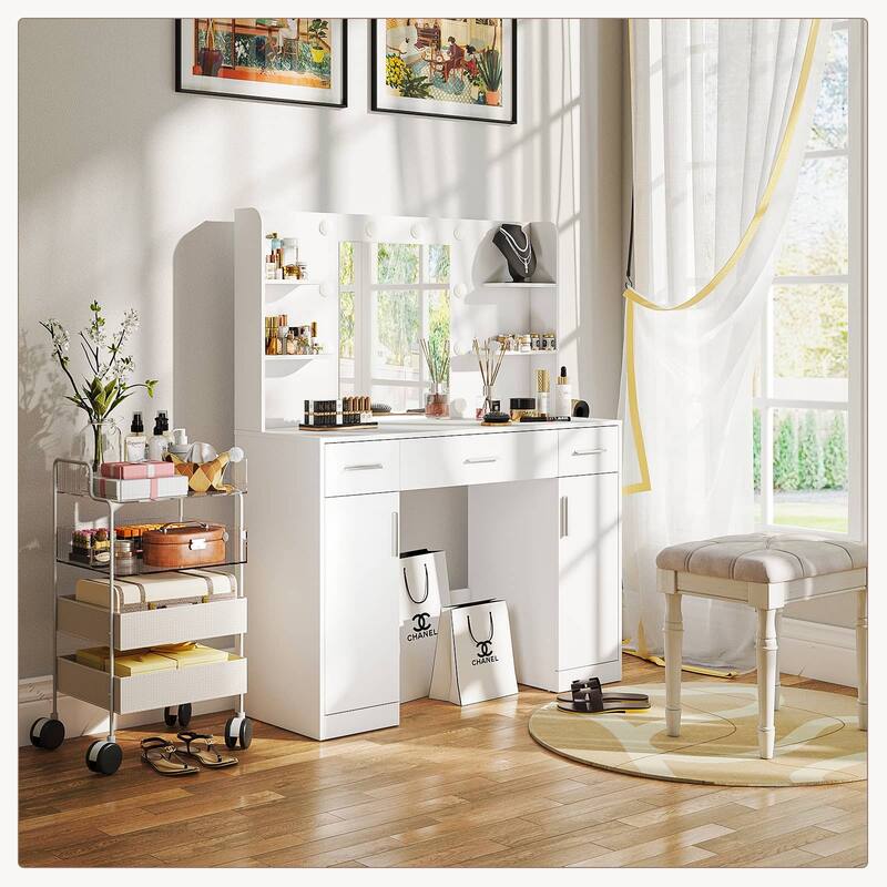 Rossetta Adjustable-Brightness Large LED Mirror Dressing Table with 3 Drawers, Plus Built-in Outlet & Hair Dryer Holder - White - 3-drawer