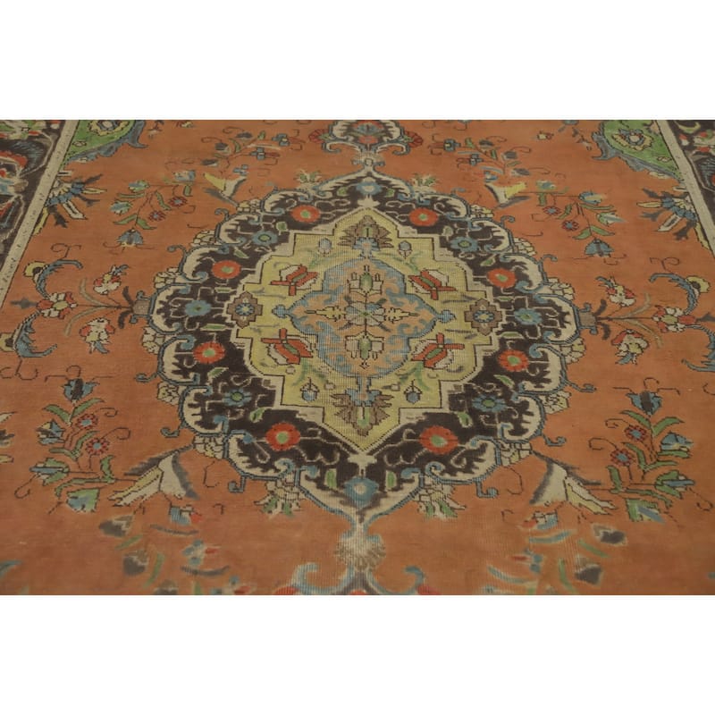 Hand Knotted Oriental 100% Wool Carpet Traditional Floral Oranges & Rust Tabriz Area Rug - 9' 0'' X 6' 5''