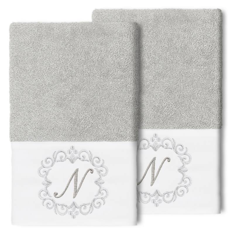 Authentic Hotel and Spa 100% Turkish Cotton Monica 2PC Embellished Hand Towel Set - N - Light Gray