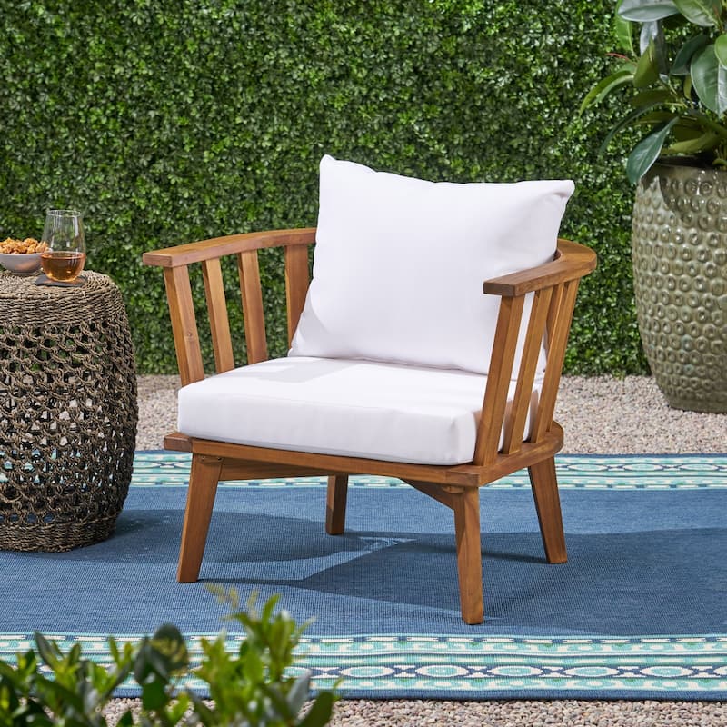 Solano Outdoor Wooden Club Chair with Cushions by Christopher Knight Home - White, Teak Finish