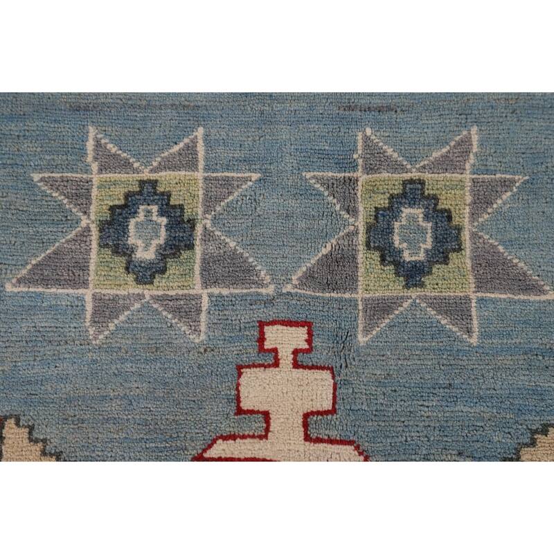 Light Blue Geometric Kazak Area Rug Living Room Handmade Wool Carpet - 6'4" x 9'10"