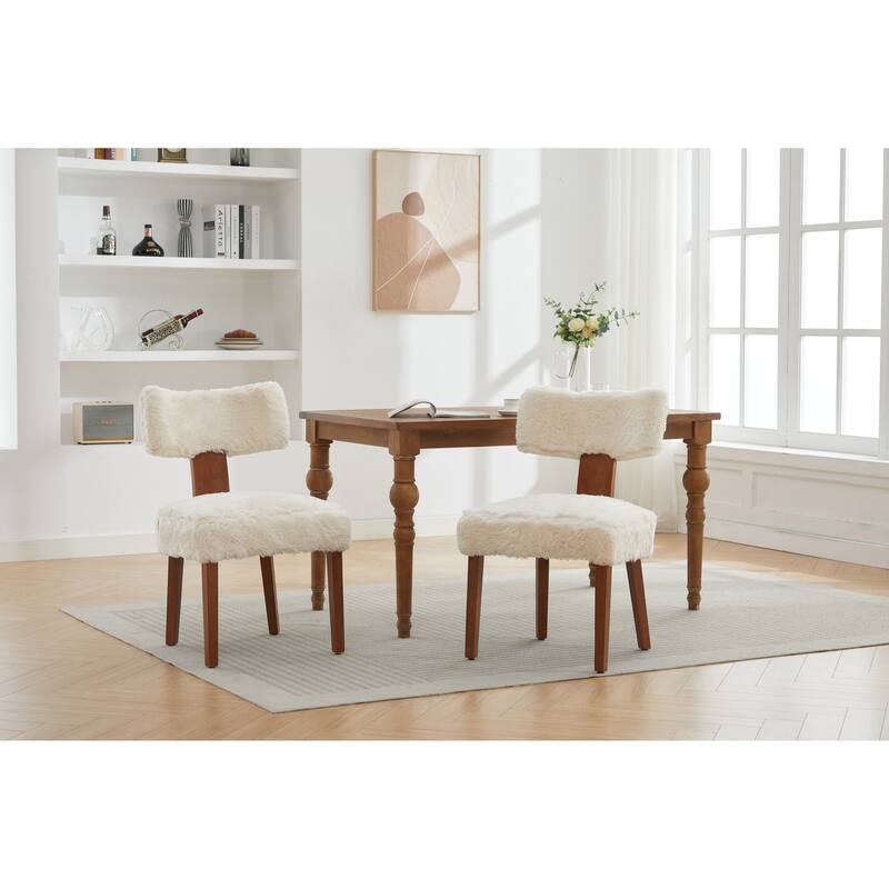 Dining Chairs Set of 2, Fur Fabric Armless Chairs with Curved Wingback and Solid Wood Legs for Dining Room