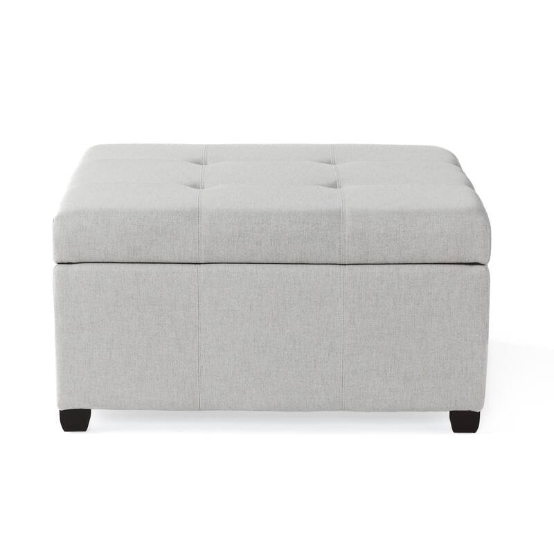 Charming Light Gray Storage Ottoman with Birch Wood Legs and Soft Close Lid