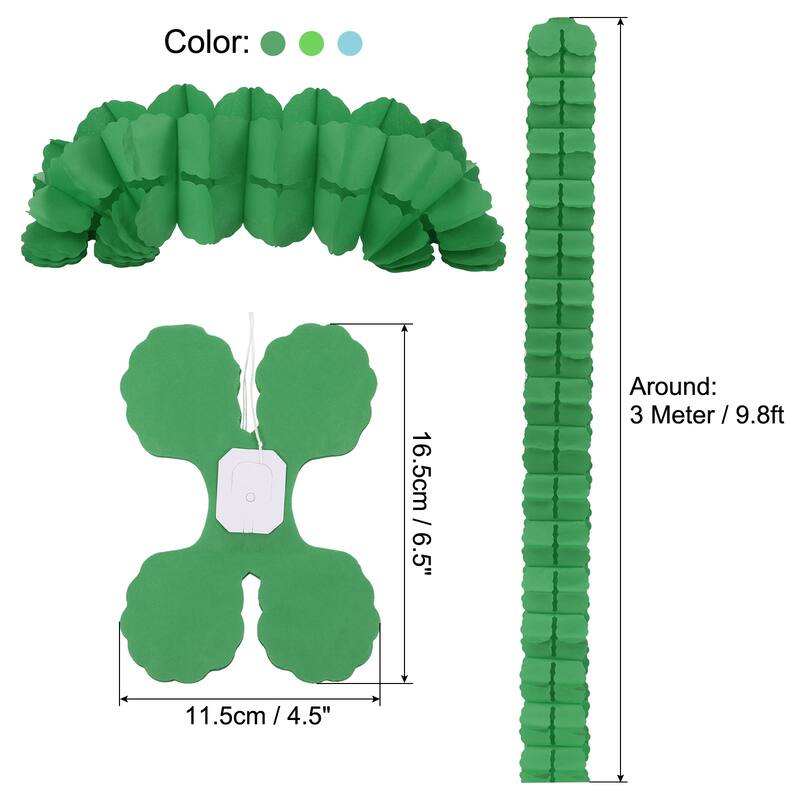 6Pcs 9.8ft Four-Leaf Paper Flower Garland Hanging Streamers 3 Color - Dark Green,Mint Green,Lime Green