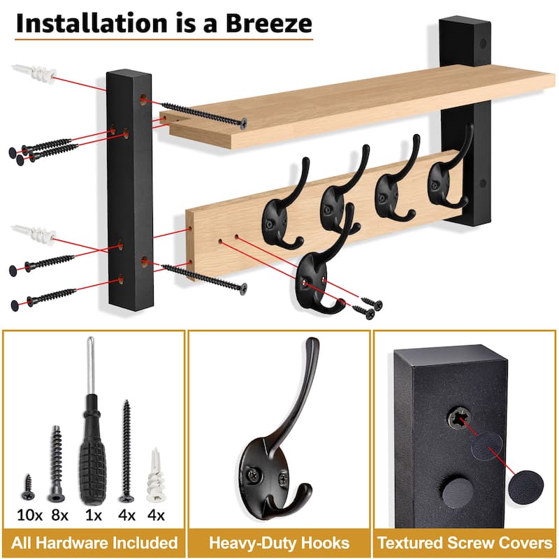 Sorbus Coat Hooks Wall Mount Floating Shelf with 5 Heavy Duty Hooks, Large and Extra Large