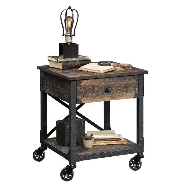 Wood Industrial Side Table with Smooth-Glide Drawers and Open Shelf, Brown - 22.44" L x 21.65" W x 23.11" H