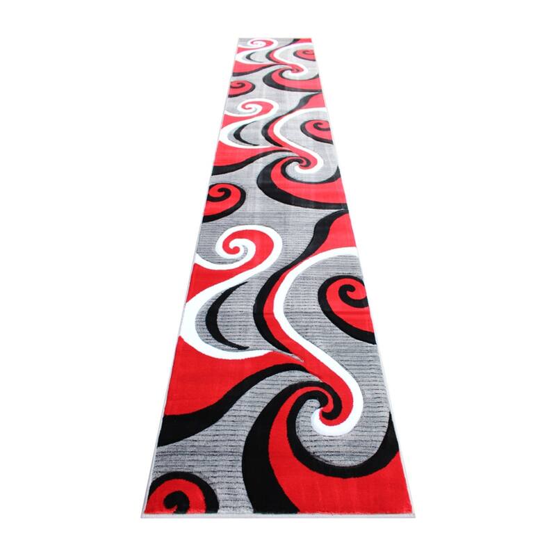 Modern High-Low Sculpted Swirl Design Abstract Area Rug - 3' x 16' - Red