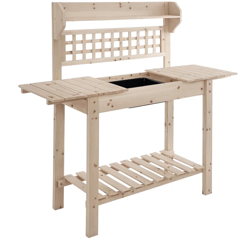 Outsunny 39'' x 18'' x 55'' Wood Garden Potting Work Table with Hidden Storage, Sink Basin, & Below Clapboard