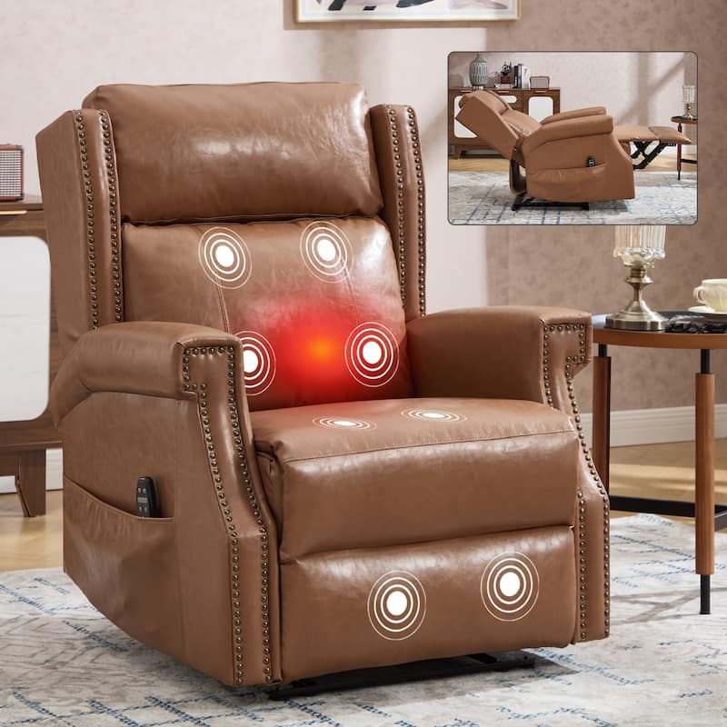 Roomfitters Manual Massage Recliner, Vintage Waxed Faux Leather Chair with Heat and 155-Degree Recline