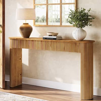 63" Solid Wood Console Table, Long Retro Entryway Table with Vertical Fluted Stripes