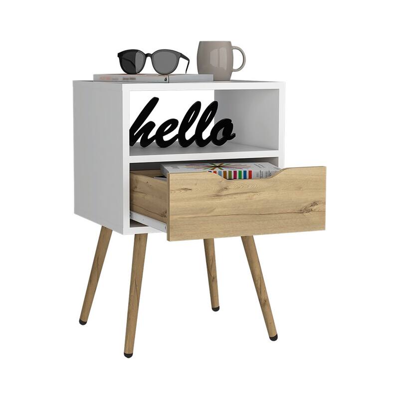 White & Light Oak Nightstand with Open Shelf and Single Drawer