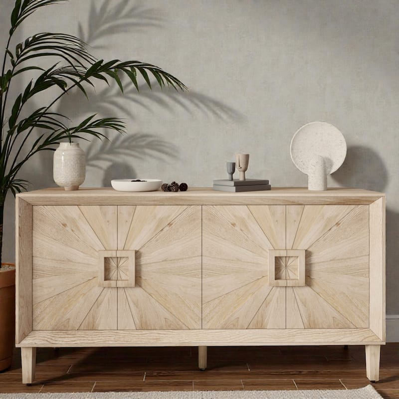 60'' Rustic American Farmhouse Credenza with Sunburst Doors, Antique Wood TV Stand with Adjustable Shelves - Antique Natural