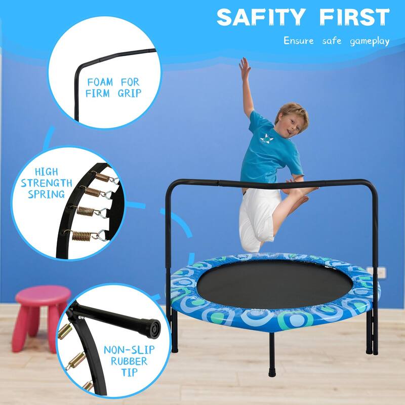 Kids Trampoline - Assembled Design, Happy Expression Theme, Indoor Outdoor Fun - Blue - 48.03