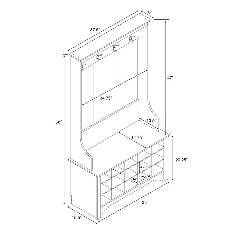 Prepac 38" Wide Hall Tree with 15 Shoe Cubbies - 38 in. W x 68 in. H x 15.5